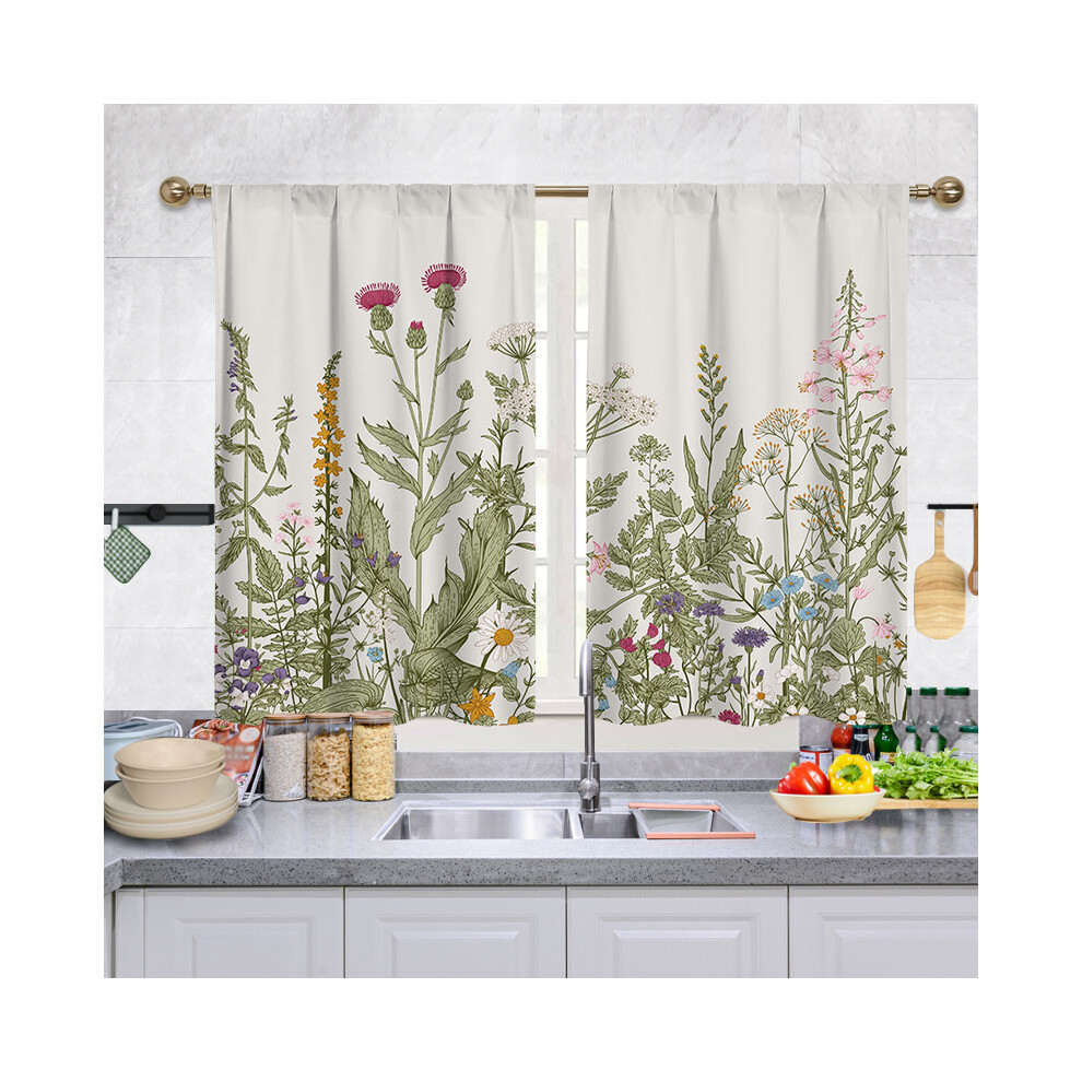 Kitchen Window Drapes, Light Filtering Floral Print Curtains Farmhouse Design Botanical Leaves Fabric, Grommet Top Semi Sheer Decorative Panels For Li 9466005419307