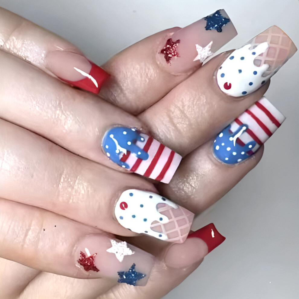 4th of July Press on Nail Square French Tip Fake Nail