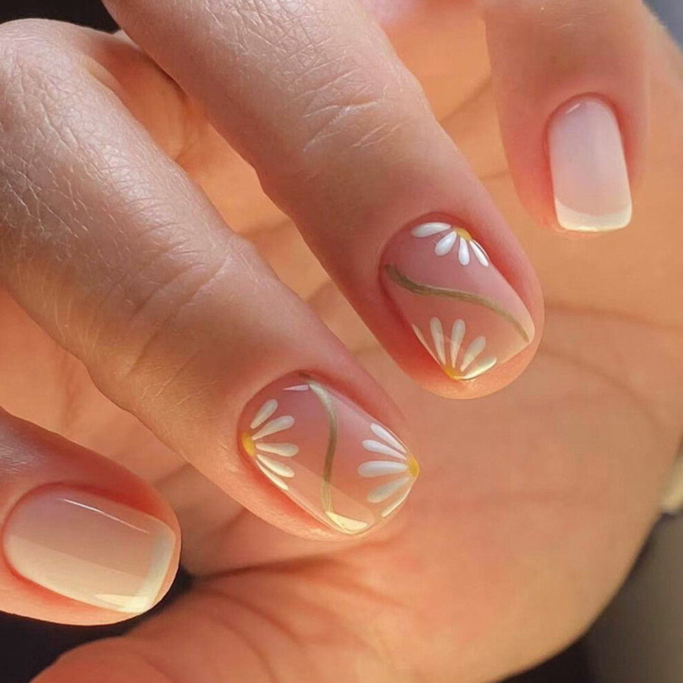 24x French Tip Full Cover False Nail Sweet Flowers Press On Nail