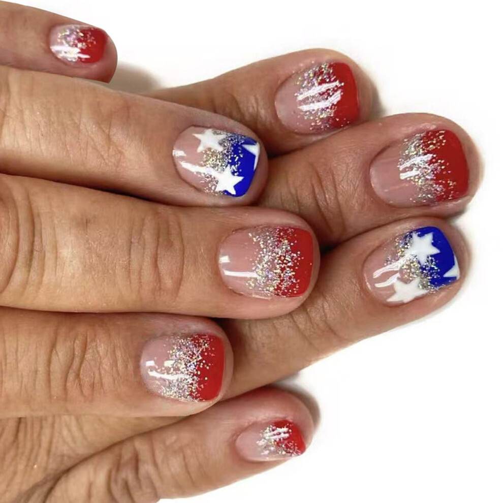 24pcs False Nail with Stars Designs Independence Day Nail Full