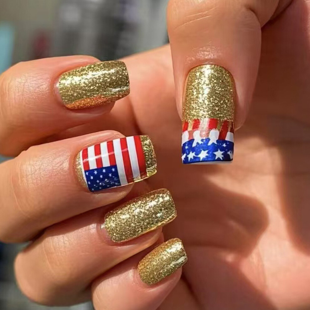 24 Pcs Independence Day False Nail Stripe Press On Nail French