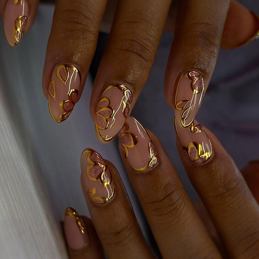 Gold Medium Almond False Nail Glossy Press On Nail With 3D