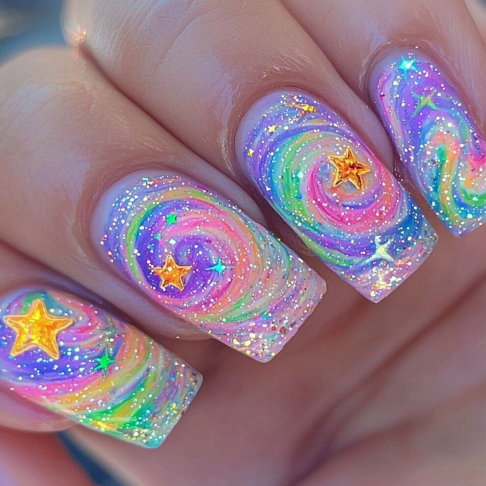 24x Gradient Press On Nail Stars Acrylic Nail Long False Nail