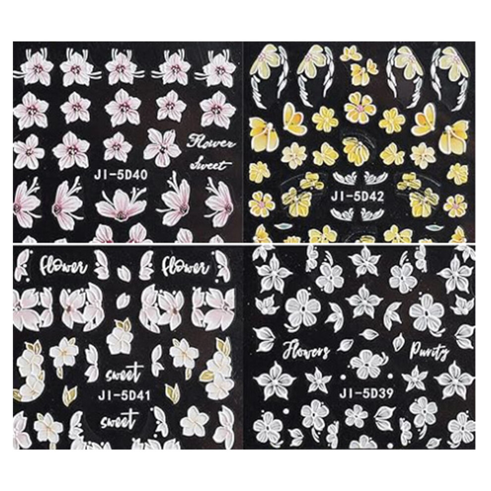 4 Sheets Flowers Nails Art Sticker Nails Decals Adhesive Nail-2