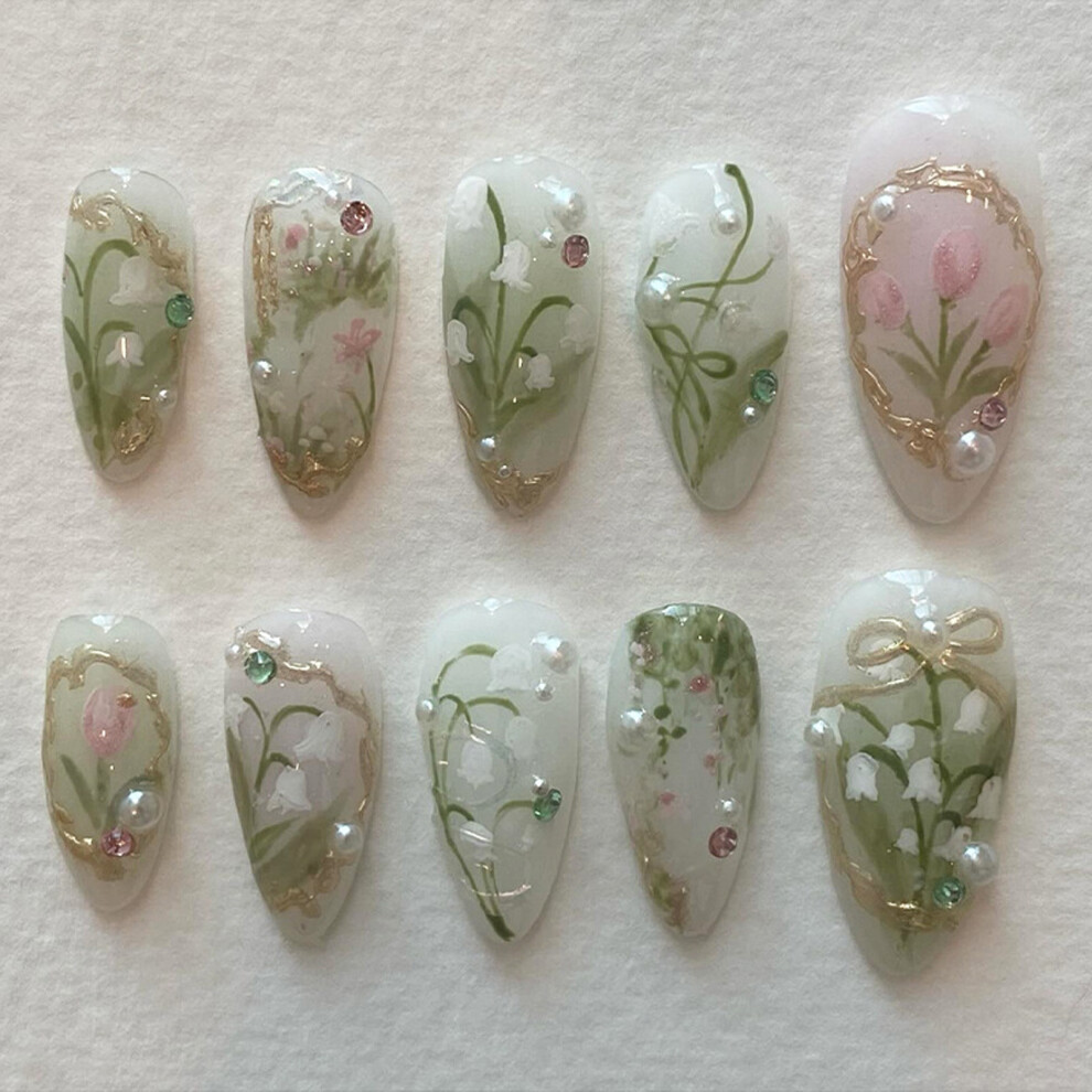 24Pcs Press on Nail Medium Almond False Nail Flower Design