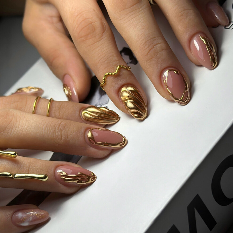 Gold 24Pcs Glossy Almond Press On Nail Short False Nail With