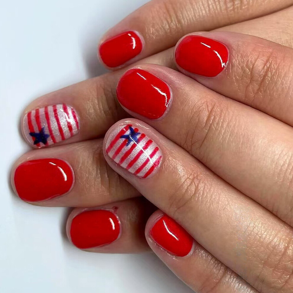 24 Pcs 4th of July Patriotic False Nail Short Oval Press On Nail