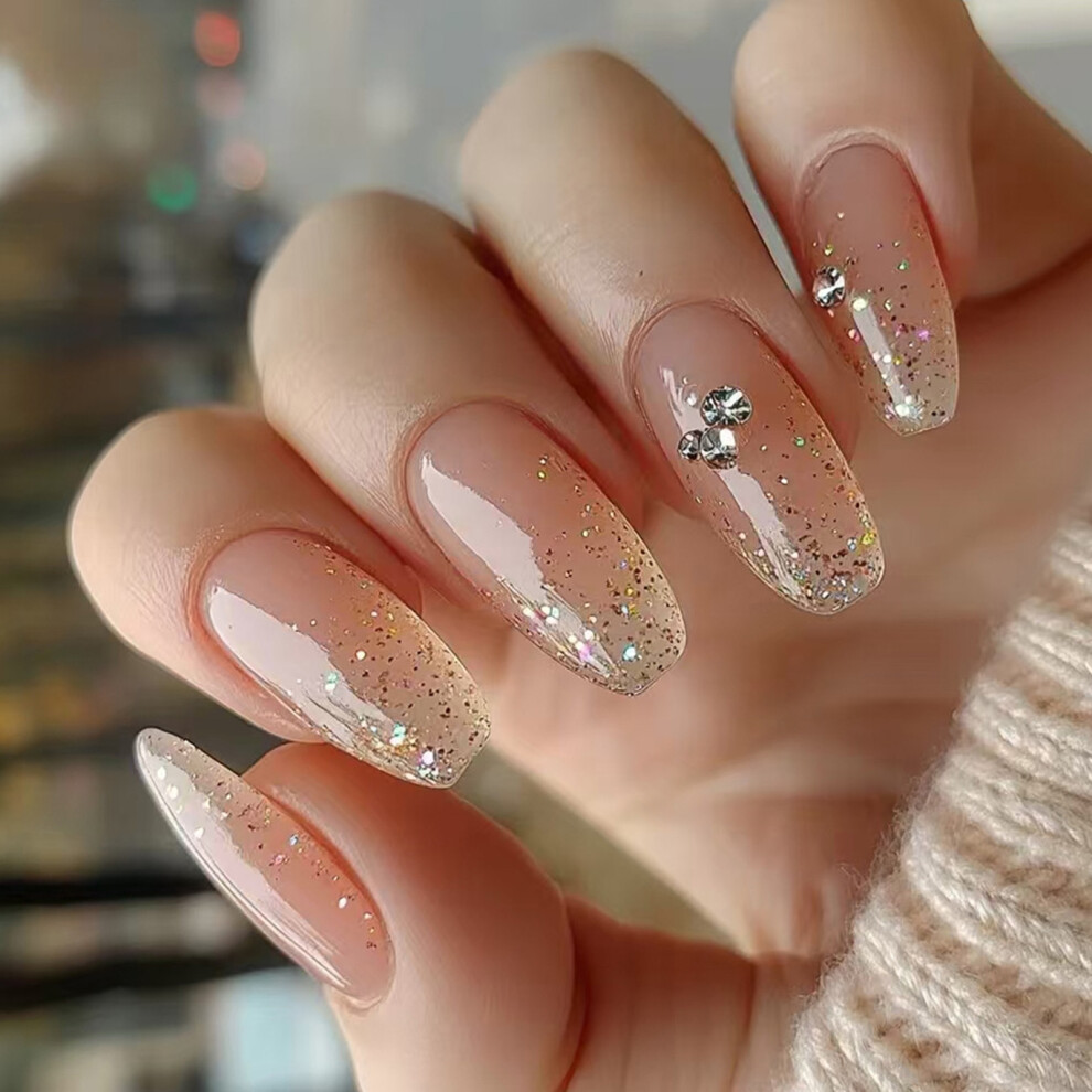24 Pcs Medium Ballerinas False Nail Rhinestones Press On Nail