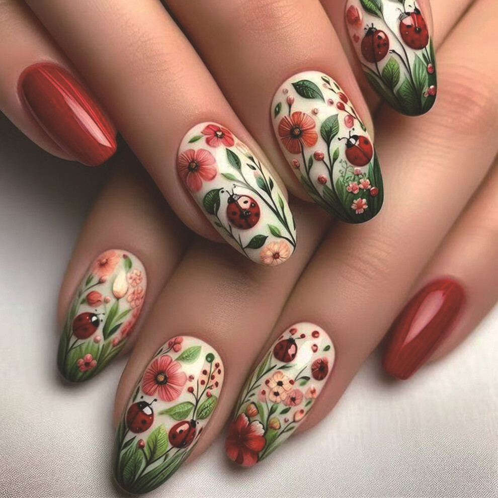 Floral Short Oval False Nail with Flower Pattern Acrylic Press