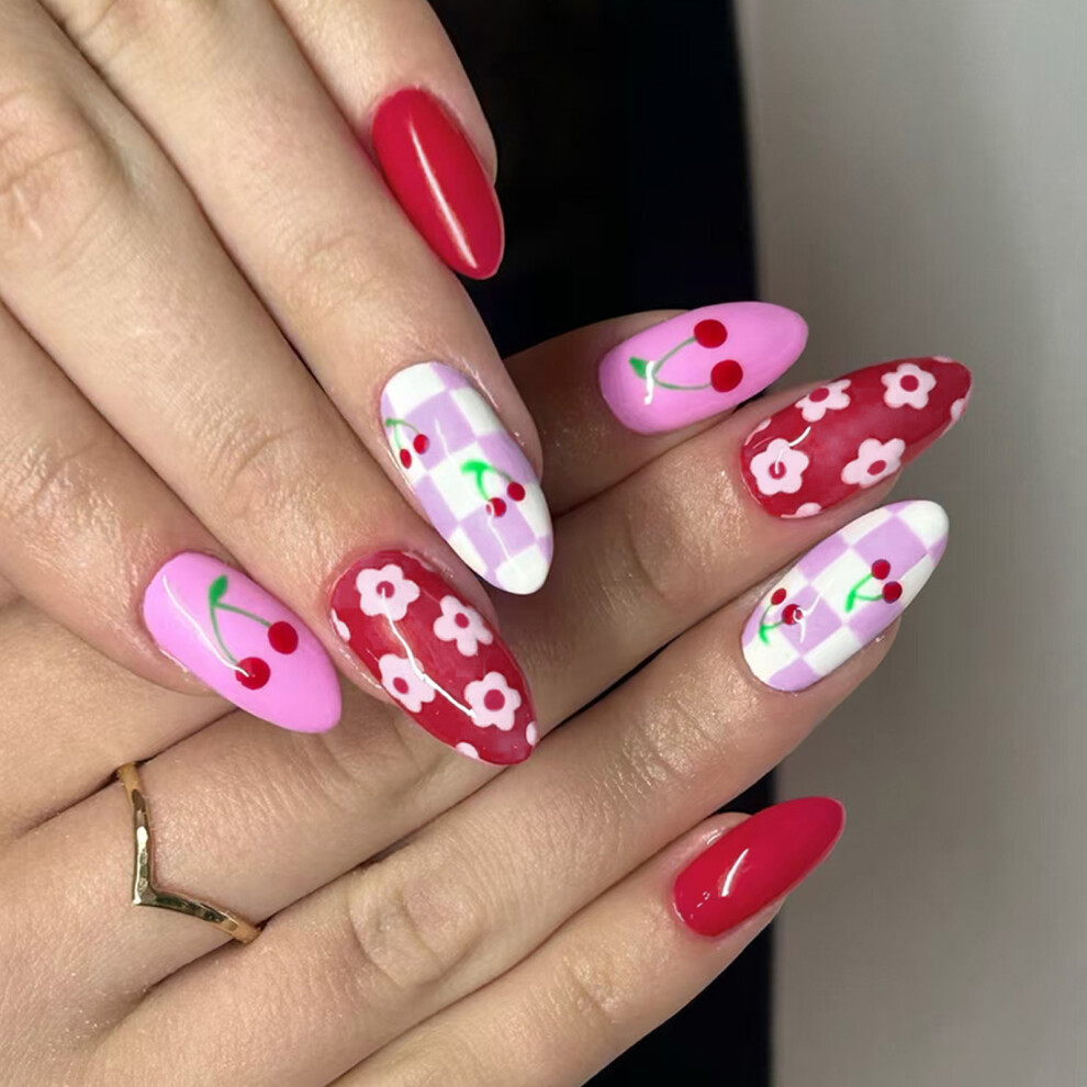 Almond Press on Nail Cherries French Tip Fake Nail Glues on Nail