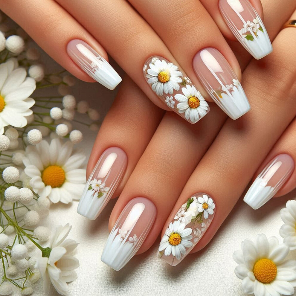 Flower Press on Nail False Nail French Tip Nail Stick ons