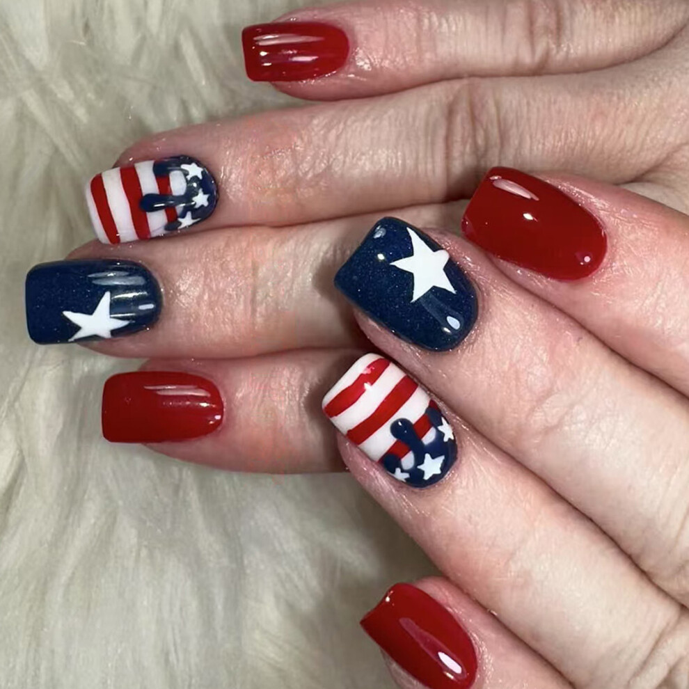 Press On Nail Short Square False Nail 24Pcs Independence Day