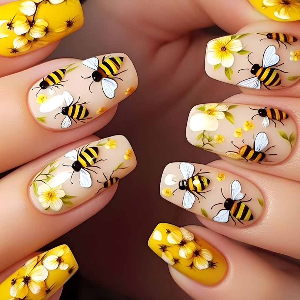 Flower Press on Nail Medium Length False Nail with Spring Floral