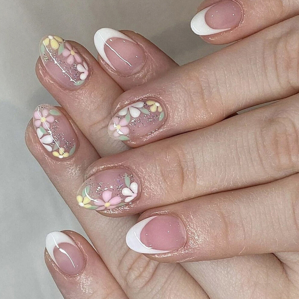 24 Pieces Flower Press on Nail French Tips Acrylic Nail With