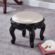 Leather Foot Stool Solid Wood Ottoman Foot Rest Round Footrest Small Ottoman Vintage Carved Upholstered Footstool