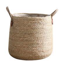 Grass Woven Flower Basket with Handle Round Potted Plant-Medium