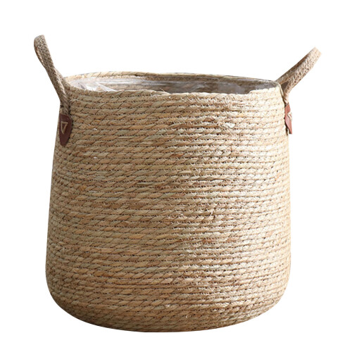 Grass Woven Flower Basket with Handle Round Potted Plant-Medium