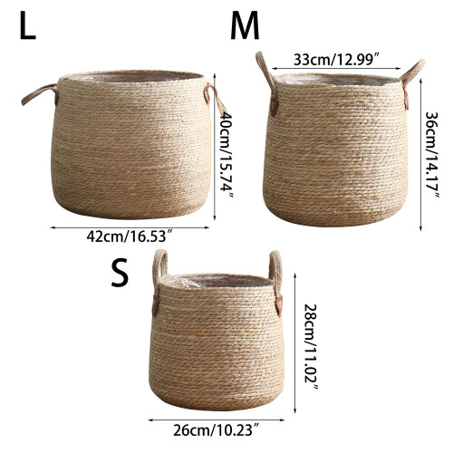 Grass Woven Flower Basket with Handle Round Potted Plant-Medium 1