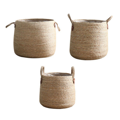 Grass Woven Flower Basket with Handle Round Potted Plant-Medium 2