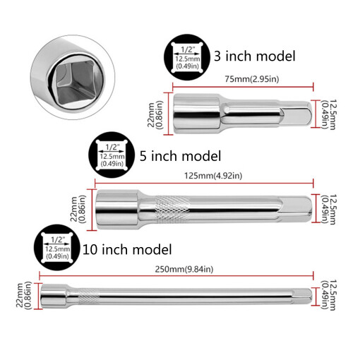 3PCS Electric Wrenches Electroplating Long Bars for 1/2 Inch 2