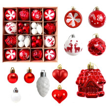 Plastic Christmas Baubles, 40 Pieces, Various Shapes, with String, Red