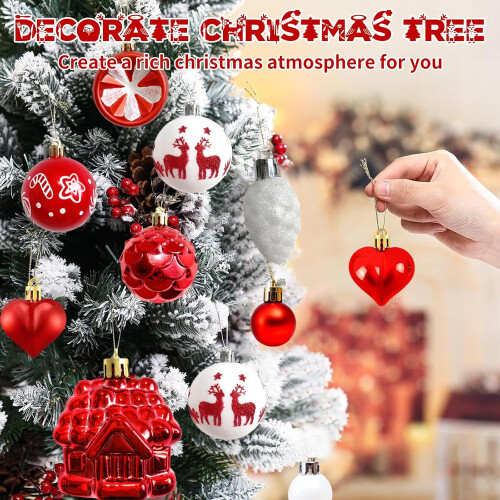 Plastic Christmas Baubles, 40 Pieces, Various Shapes, with String, Red 1