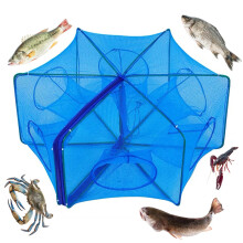 Foldable Bait Trap Fishing Net 6 Holes Minnow Traps for Bait Fish Hand Throw Cage for Catching Fish Shrimp Crab Crayfish Blue thickened mesh material