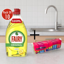 Fairy Lemon Washing Up Liquid 320ml 10 + Super Bright Hand-Grip Sponge Scourers (6 Pack) | Powerful Grease Removal