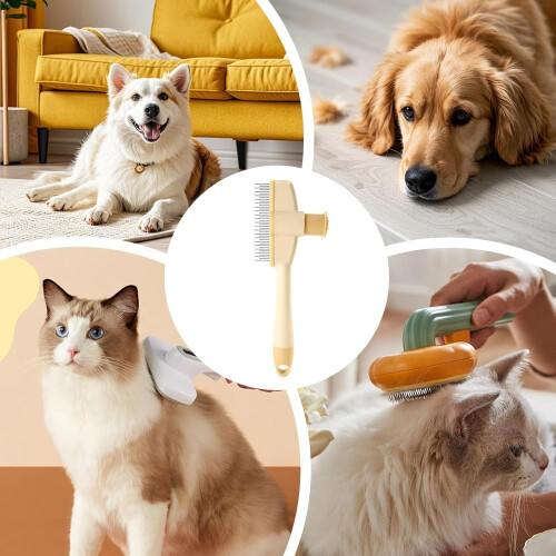 Dog Flea Comb, Grooming Brush with Release Button  Tick Remover, Yellow 2