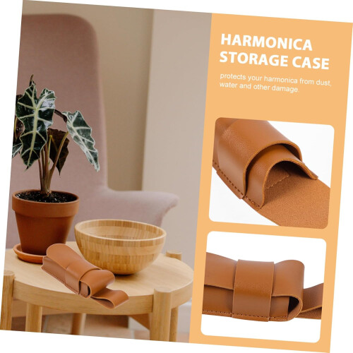 Leather Harmonica Holder Protective Pouch With Flexible Lid For Beginners Portable Storage Bag Brown 1