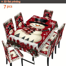 (6pcs Chair Covers 1pc Tablecloth 140*210cm)) 2D Flat-Printed,Christmas Snowman And Snowflake Pattern Rectangular Tablecloth Chair Cover Set
