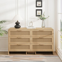 Mobile d'angolo in rattan curvato di 130 cm, mobile di stoccaggio in rattan con 6 cassetti, colore naturale