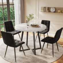 Conjunto de sala de jantar - Mesa redonda 80cm - 4 cadeiras de veludo - Estrutura metálica - Design moderno
