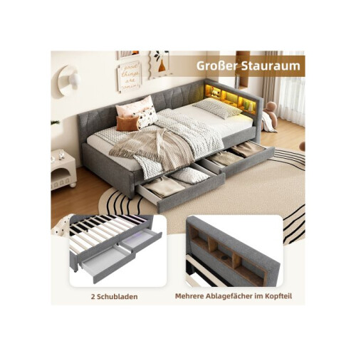 Sofabed - MUVOE - Daybed - 90 x 200 cm - Éclairage LED télécommandé - USB+Type-C et rangements 2