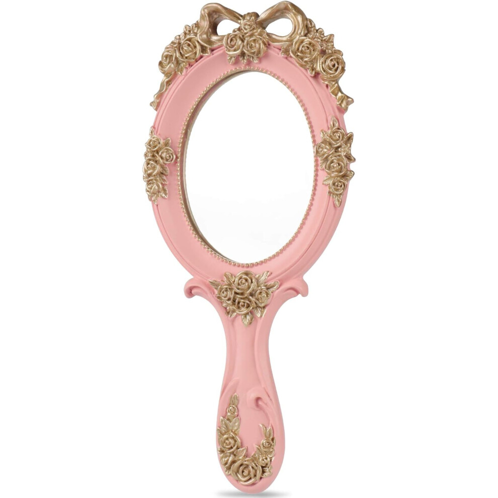 Vintage Handheld Mirror with Embossed Flower Design, Elegant Embossed Pattern Premium Quality Resin Hand Held Makeup Mirror, Clear Reflection Anti-Wea