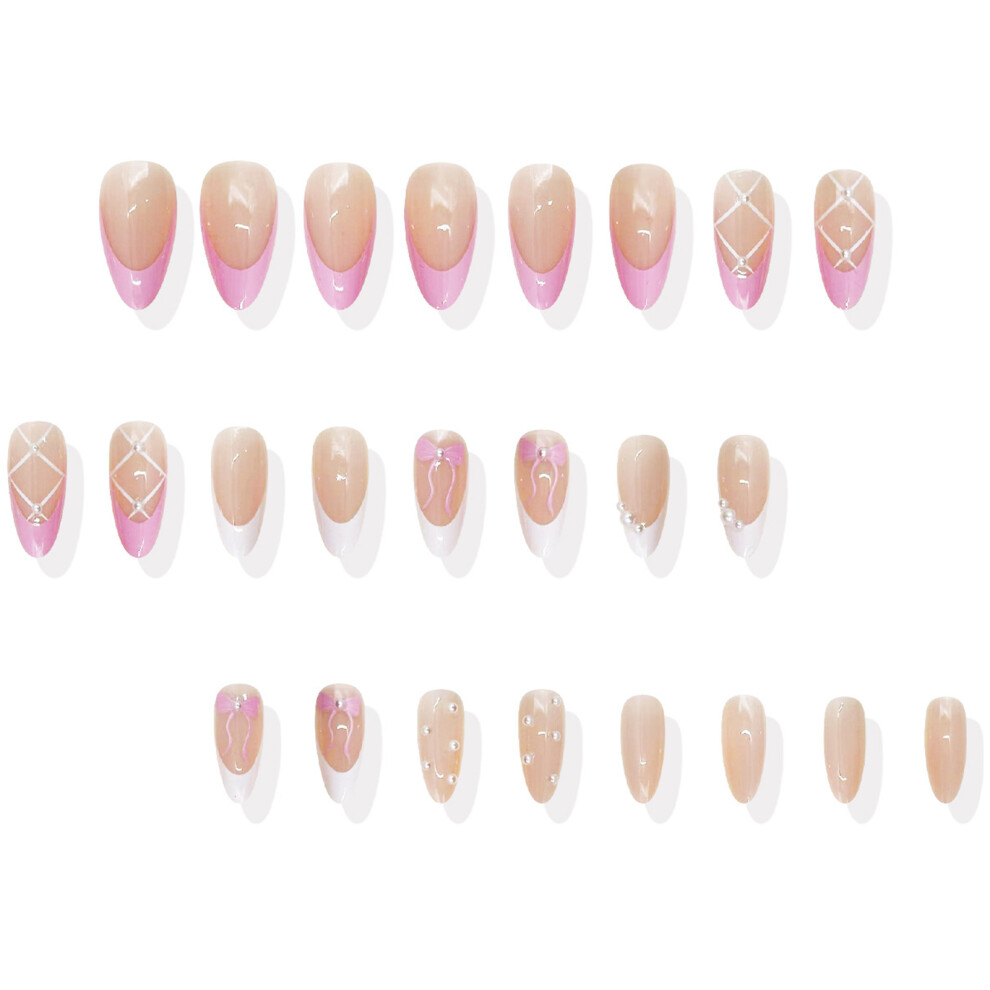 Almond Press on Nail Bowknot Design French Tip Fake Nails Glue