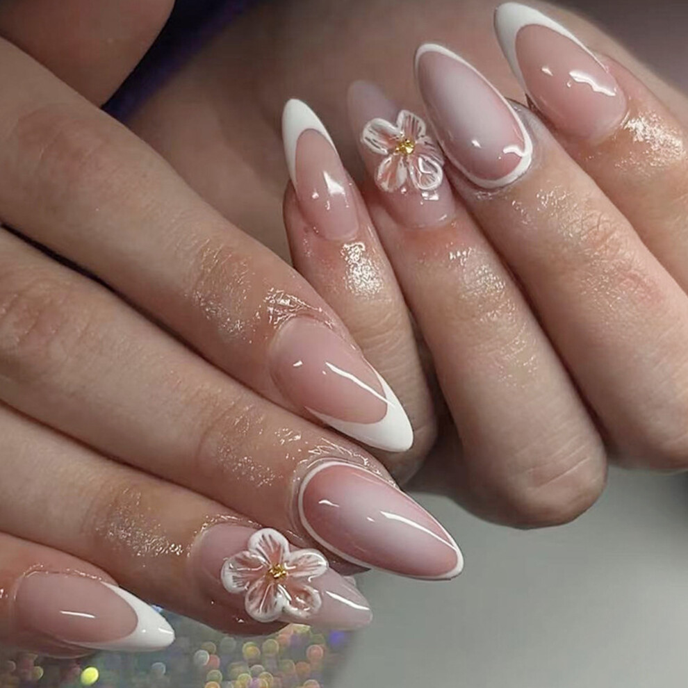 1Set Press on Nail,Almond Fake Nail Stick Glues on Nail False