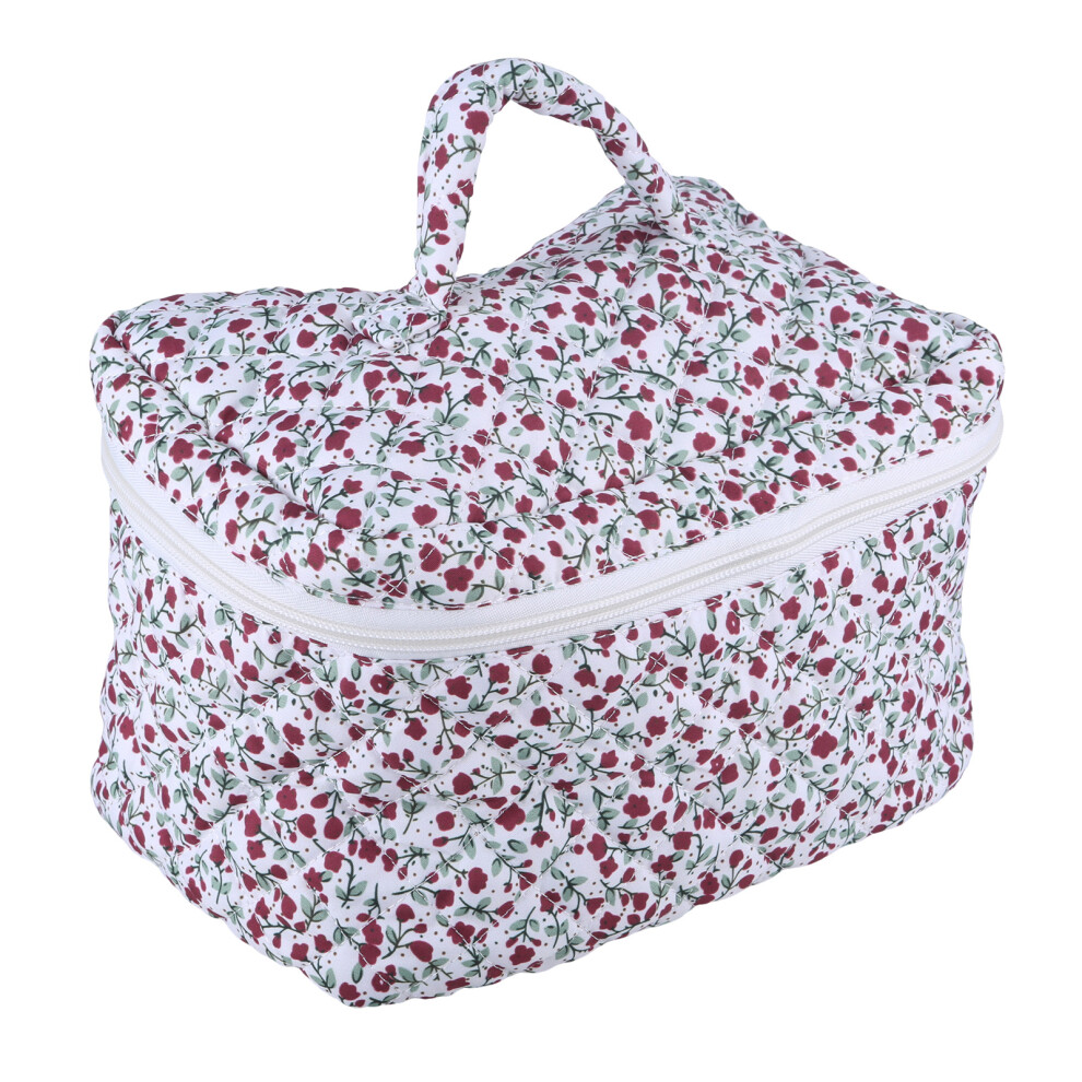 Quilted Makeup Bag with Zipper Flower Print Toiletry Case-L