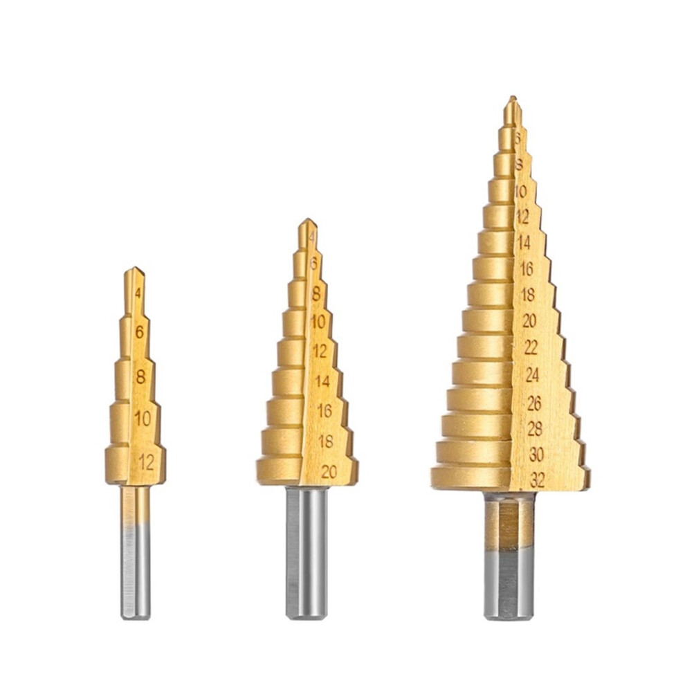 Step Drill Bits 3Piece Set Metric Spiral Flute Pagodashape Hole Cutter 4122032 Mm Hss Steel Cone Drill Bit Set 9323874482309