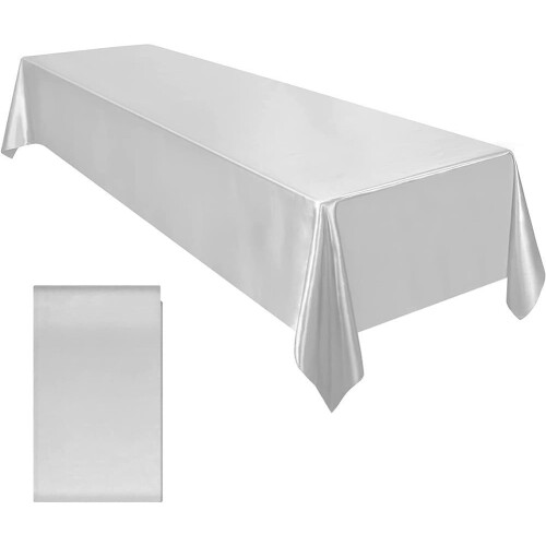 Rectangle Satin Tablecloth 145x260cm Water Resistant Polyester Fabric Silver For Wedding Banquet Dining Table Decor 1