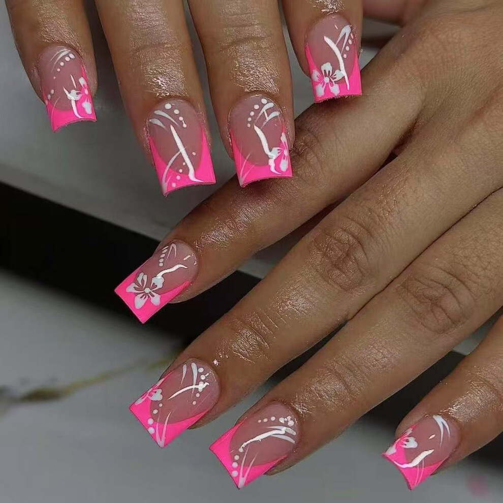 24pcs French Style Press on Nail with Floral Design for Fashion