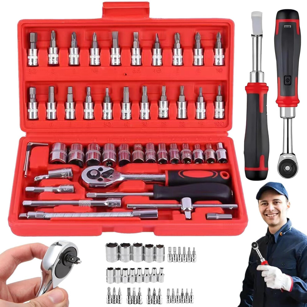 Cordless Ratchet Wrench Set, 1/4 Inch Drive With 46 Pieces Adjustable Sockets, Ratchet Wrench Set, Car And Household Repair Tool (Red) Ref: 5720 9001264242015