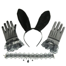 3 Sets Lace Gloves With Rabbit Ears Headband Necklace Black