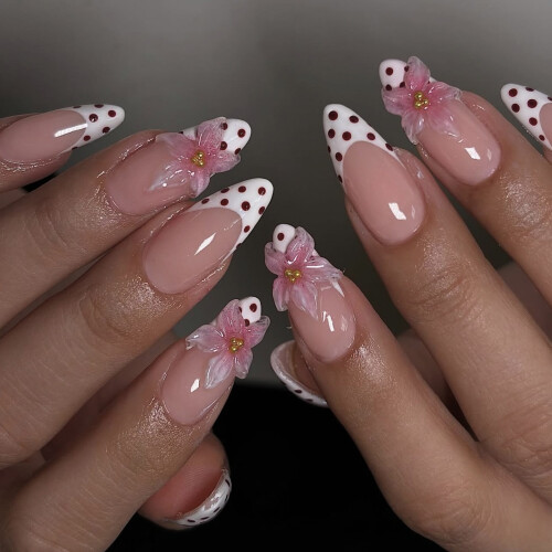 3D Embossed Floral False Nail Pink Flower Pattern Press On Nail 1