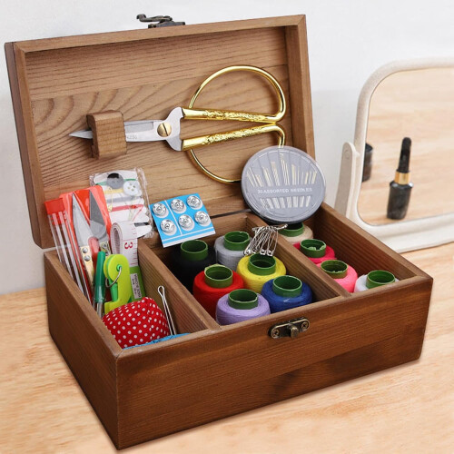 Brown Wooden Sewing Box with 3 Compartments and Lid 1