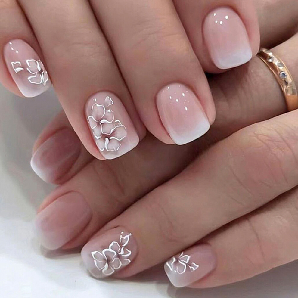 24Pcs Square Press on Nail Glossy Design French Fake Nail
