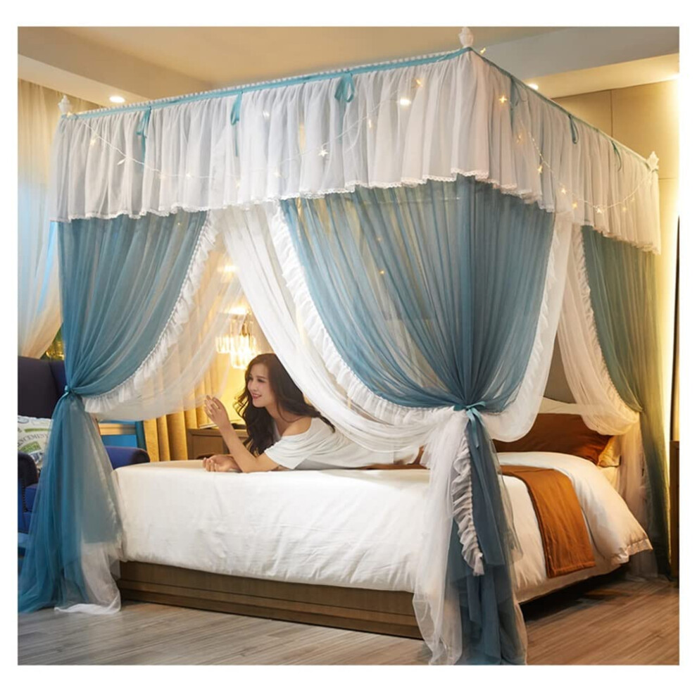 Double Layer Canopy Mosquito Net 4 Corners Post Bed Curtain (, 150X200cm) Green