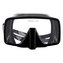 Masque d'apnée avec verres antibuée et boîte de rangement. Verres incurvés. Vision périphérique à 180. Design profilé. Joint étanche et