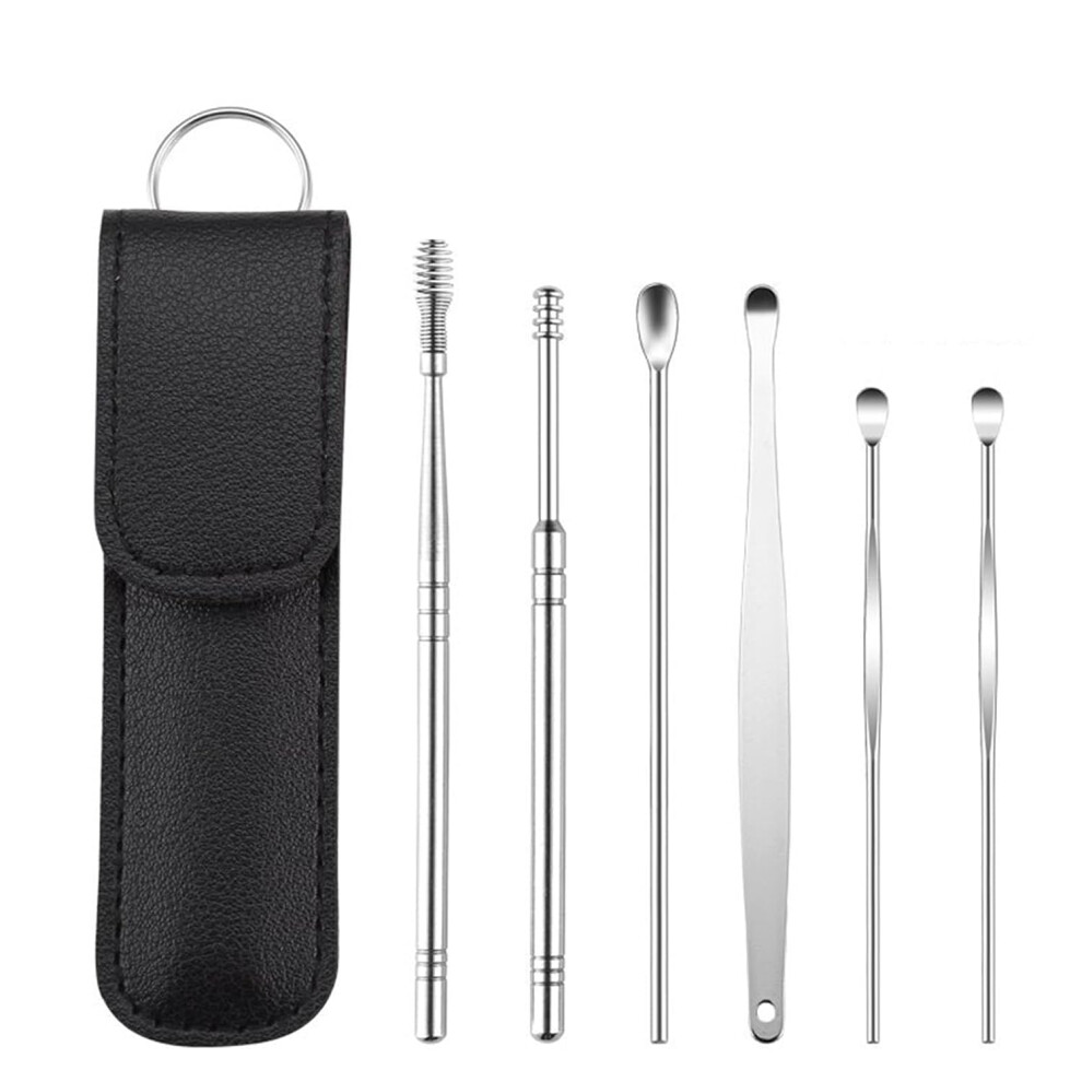 Silver Portable Ear Wax Cleaning Kit Spiral Design Stainless Steel Ear Picks 6Piece Spring Earwax Cleaner Tool Set 360 Rotation