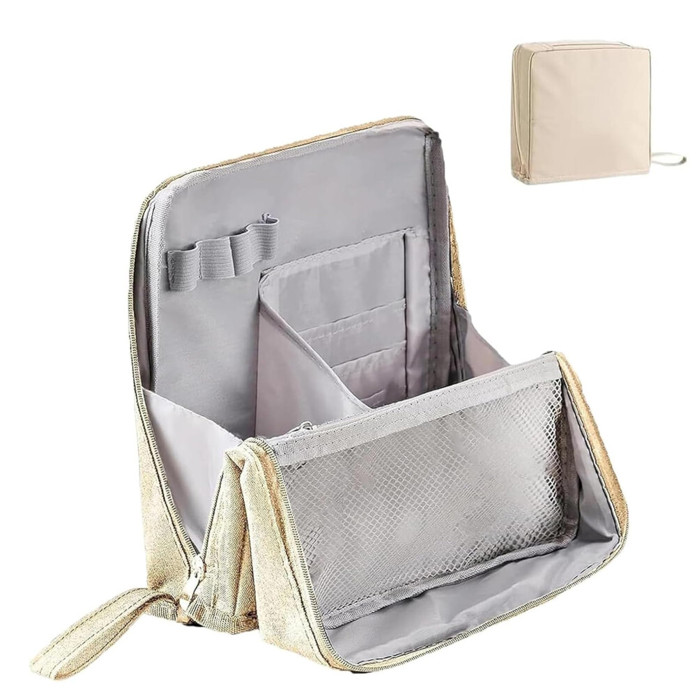 Beige Standing Makeup Bag Waterproof With Compartments Large Capacity Portable Standup Cosmetic Organizer